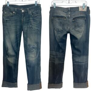 True Religion Low-Rise Straight Jeans Distressed Dirty Wash Grunge Thrashed Edgy